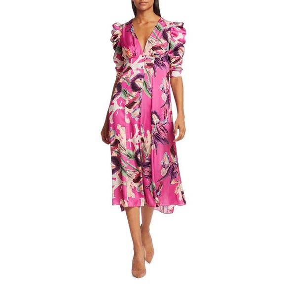 Pat Bo Grace Pink Floral Print Puff-Sleeve Midi Dress Size 0 - Picture 1 of 7